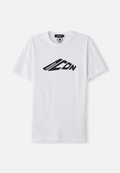 White cotton t-shirt with short sleeves and a round neckline. Features a black graphic logo, "DSQUARED2 CDN," across the chest.