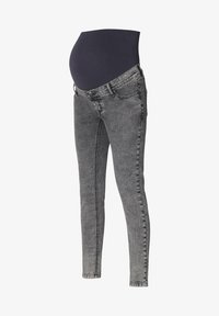 Vaqueros de maternidad en denim gris desgastado. Cuentan con una cinturilla negra elástica para mayor comodidad. Diseñados con un corte ajustado y el clásico estilo de cinco bolsillos.