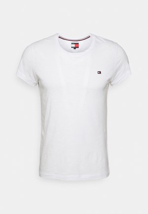 White short-sleeve t-shirt made of soft cotton. Features a small logo on the left chest and a crew neck with a contrasting trim.