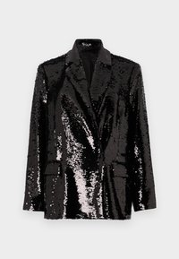 Svart paljettblazer med lange ermer, krage med hakk, to frontlommer og en glatt innerside. Glinsende overflate.