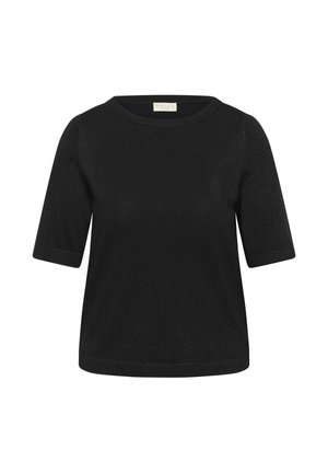 Haut noir à manches courtes en tissu texturé avec un col rond et un léger éclat, doté d'une coupe décontractée et d'une encolure droite.