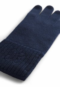 Marineblaue gestrickte Handschuhe mit einem gerippten Bündchen und einem gestickten Blumenmuster am Handgelenk. Weicher Stoff, konzipiert für Wärme und Komfort.