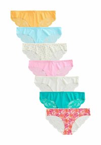 Set van zeven damesonderbroeken in verschillende kleuren: geel, blauw, roze, groen en een bloemenpatroon, met een kanten rand aan de randen.