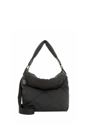 Borsa a spalla nera trapuntata con una morbida texture, dotata di una maniglia intrecciata, tracolla regolabile e dettagli in catena.