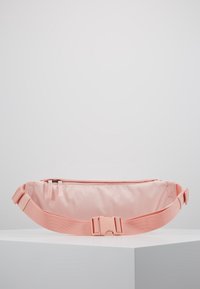 Růžový látkový ledvinka se zipovým uzávěrem a nastavitelným popruhem. Obsahuje plastovou sponu a hladký povrch, kompaktní design pro pohodlí.