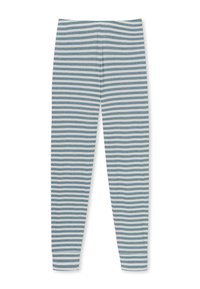 Leggings a righe in blu chiaro e bianco; realizzati in un tessuto morbido ed elastico. Presentano strisce orizzontali e un design aderente.