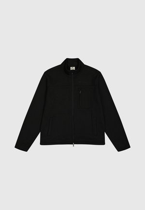 Schwarze Reißverschlussjacke mit langen Ärmeln, strukturierter Stoff, flacher Kragen, Vorderentaschen und einer Brusttasche mit Reißverschluss.