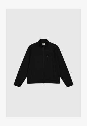 Schwarze Reißverschlussjacke mit langen Ärmeln, strukturierter Stoff, flacher Kragen, Vorderentaschen und einer Brusttasche mit Reißverschluss.