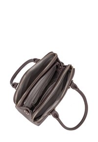 Gray leather handbag with dual compartments, gold zippers, and soft fabric lining. Features short handles and structured design.