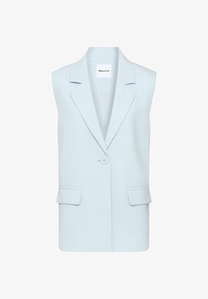 Hellblauer, ärmelloser Blazer mit Kerbkragen, Ein-Knopf-Verschluss und zwei vorderen Pattentaschen.