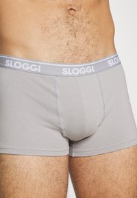 Moški trup v svetlo sivi Sloggi boksaricah z oznako na pasu, ki prikazuje trebuh in zgornje stegna z dlačicami na telesu.