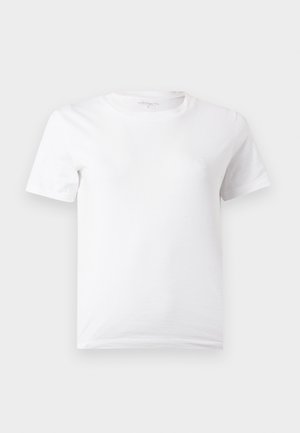 Prosty biały T-shirt z krótkim rękawem i okrągłym dekoltem, pokazany na jasnoszarym tle.