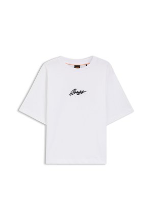 White short-sleeve T-shirt with round neck and black cursive logo "BOSS" embroidered on the chest.