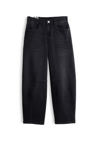 Black straight-leg denim jeans with front pockets, belt loops, button closure, and subtle seam details at the knees.