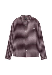 Camicia a maniche lunghe a quadri rossi e bianchi con colletto, chiusura frontale con bottoni e logo discreto sul petto, realizzata in tessuto intrecciato.