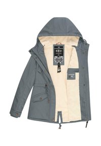 Gray insulated jacket with a hood, fleece lining, and buttoned flap pockets. Features drawstrings and decorative labels inside.