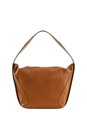 Braune Leder-Schultertasche mit einer weichen, lässigen Form, kontrastierendem schwarzen Besatz und einem breiten Tragegurt für bequemes Tragen.