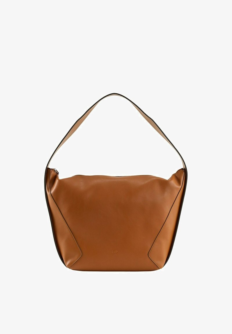 Sac à épaule en cuir marron avec une forme douce et tombante, des bordures noires contrastantes et une large bandoulière pour un transport facile.