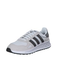 Gray and white athletic sneaker with mesh and suede upper, black three-striped accent, padded collar, and textured rubber sole.