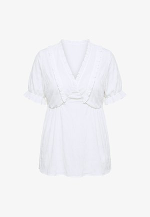 Blouse blanche à manches courtes avec encolure en V volantée et manches, tissu texturé, poitrine ajustée s'élargissant en une taille lâche.