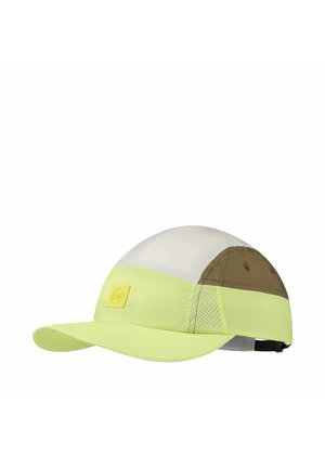 Hellgrüne und beige Sportkappe mit Mesh-Einsätzen und verstellbarem Riemen, mit kleinem Logo vorne.