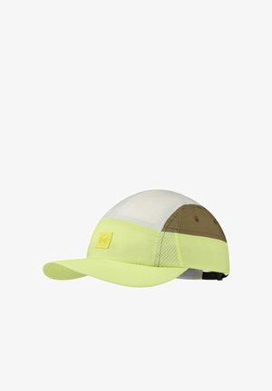 Hellgrüne und beige Sportkappe mit Mesh-Einsätzen und verstellbarem Riemen, mit kleinem Logo vorne.