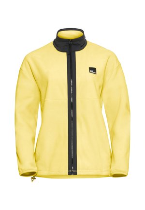 Yellow fleece jacket with a black zipper and collar, featuring a logo on the left chest and smooth, textured fabric.