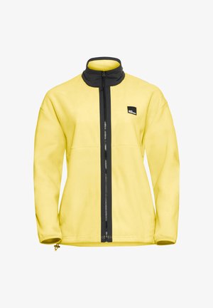 Gelbe Fleece-Jacke mit einem schwarzen Reißverschluss und Kragen, ausgestattet mit einem Logo auf der linken Brust und einem glatten, strukturierten Stoff.