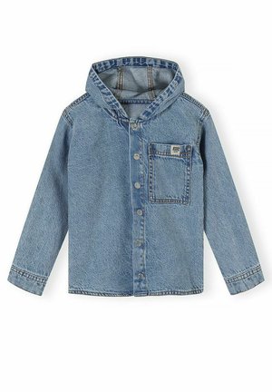 Light blue denim hooded jacket with long sleeves, front buttons, and a single chest pocket with a small label on a white background.