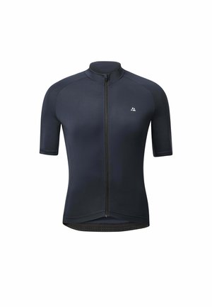 Kurzarm-Radsporttrikot in Marineblau, mit durchgehendem Reißverschluss, glatter Oberfläche und reflektierendem Logo auf der oberen linken Seite.