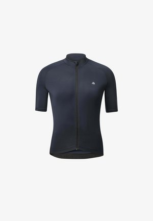 Koszulka rowerowa z krótkim rękawem w granatowym kolorze, z pełnym zapięciem na zamek z przodu, gładką fakturą oraz odblaskowym logo na górnej lewej stronie.