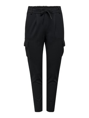Zwarte cargobroek met een elastische tailleband, trekkoordsluiting en zijzakken. Gemaakt van een zachte, gladde stof met een getailleerde pasvorm.