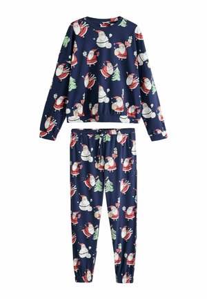Mørkeblå julepyjamas med lange ærmer og bukser, der har gentagne mønstre af Julemanden og juletræer.