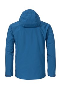 Blaue wasserdichte Jacke mit Kapuze, langen Ärmeln und elastischen Bündchen. Glatte Textur ohne sichtbare Muster oder Beschläge.