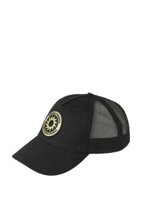Zwarte baseballpet met mesh achterkant. Voorzien van een ronde, gouden embleem op de voorkant met de tekst "grote opening". Gebogen klep ontwerp.
