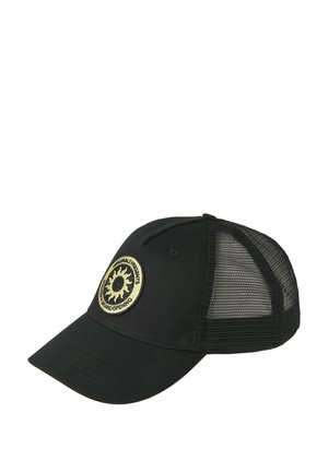 Zwarte baseballpet met mesh achterkant. Voorzien van een ronde, gouden embleem op de voorkant met de tekst "grote opening". Gebogen klep ontwerp.