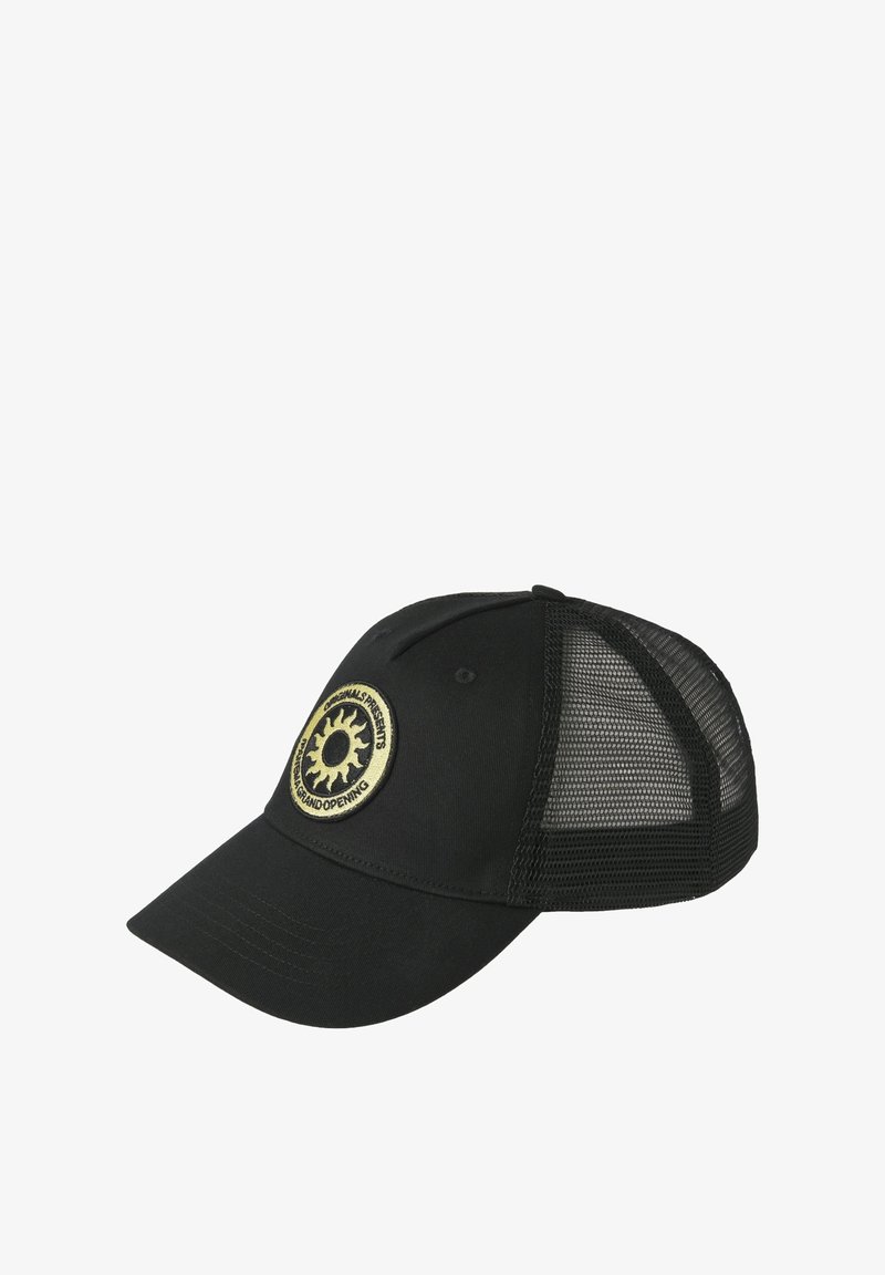 Black baseball cap with mesh back. Features a circular, gold emblem on the front with "grand opening" text. Curved visor design.