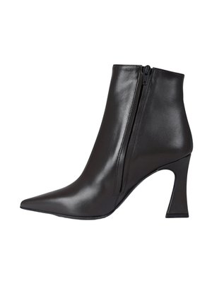 Stivaletto in pelle nera con punta affusolata, cerniera laterale e tacco alto affusolato. Texture liscia e design elegante senza ulteriori fantasie.