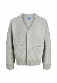 Grå ullcardigan med V-ringning, fem knappar och två framfickor. Ribbad mudd och fåll. Mjuk textur och enkel design.