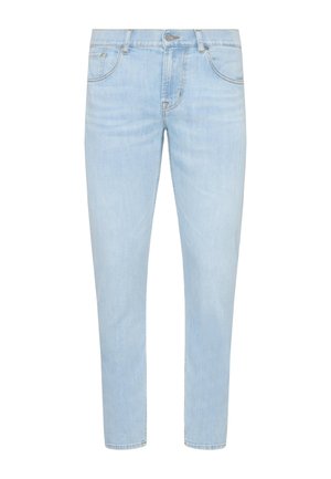 Hellblau denim Jeans mit schmalem Schnitt, fünf Taschen-Design und subtiler, verblasster Textur. Mit Metallknopf und Reißverschlussöffnung.