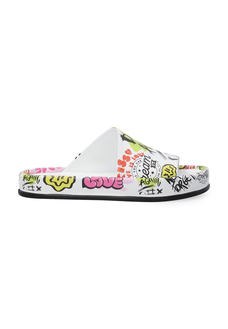 Weiße Rutschsandalen mit bunten Graffiti-Drucken in Pink, Grün und Schwarz, einer strukturierten Gummisohle und einem offenen Zehendesign.