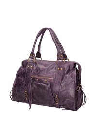 Sac à main en cuir violet avec deux poignées, couture décorative, quincaillerie en laiton, poche zippée et finition texturée.