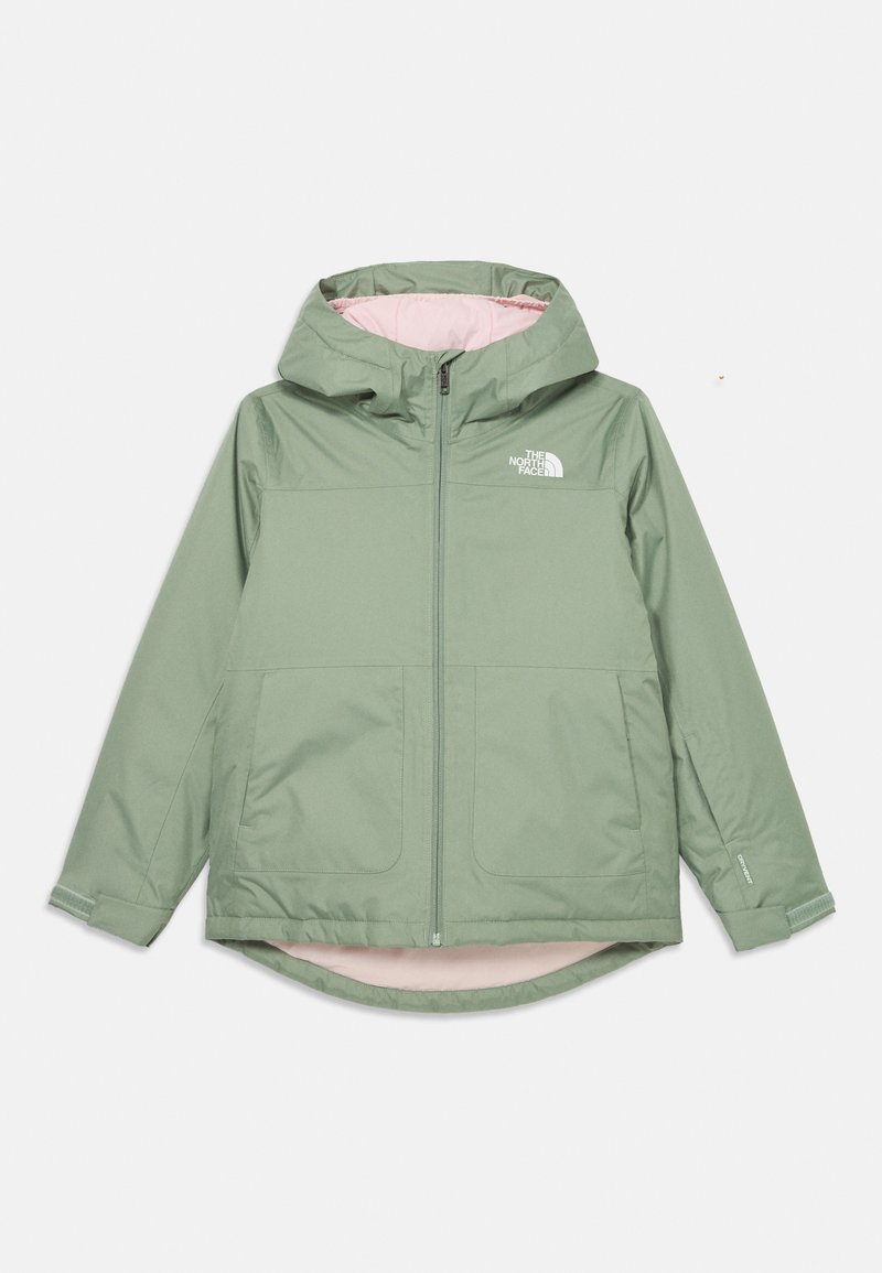 Hele roheline kapuutsiga talvejope, millel on ees luku ja kaks taskut, ning "The North Face" logo rinnal, millel on roosa sisevooder.