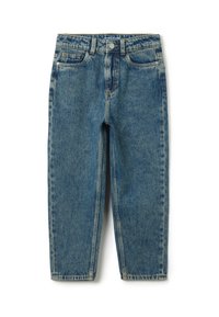 Jeans de mezclilla azul con un lavado desgastado, que cuentan con cinco bolsillos, un cierre de botón, un diseño de pierna recta y costuras en contraste.