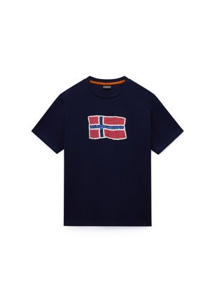 Marineblaue Kurzarm-T-Shirts mit einem abgenutzten roten, weißen und blauen Flaggenmotiv und Logo auf der Brust.