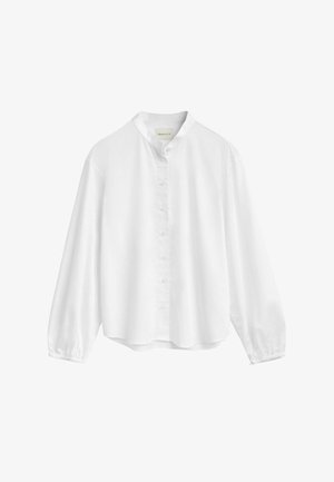Weißes Langarmhemd mit Stehkragen, durchgehender Knopfverschluss und leicht gerafften Manschetten, aus einem glatten, leichten Stoff gefertigt.