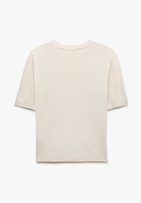 Kortærmet, lysebeige pullover top i blødt stof; har en rund halsudskæring og et simpelt, rent design uden pyntegenstande.