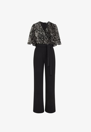 Zwarte jumpsuit met wijde broekspijpen, kort mouwlengte met pailletten, V-halslijn en een bijpassende stoffen riem die op de taille is geknoopt.