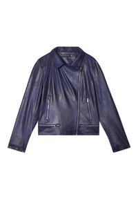 Giacca in pelle blu navy con design corto, chiusura con zip asimmetrica, due tasche con zip e colletto a punta. Texture liscia.