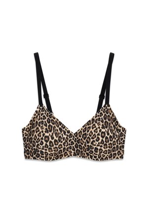 Soutien-gorge imprimé léopard avec bretelles noires réglables, bonnets sans armatures et encolure en V sur fond blanc.
